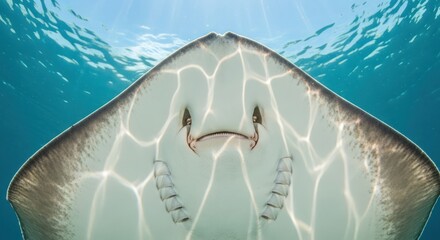 Close-up portrait of a serene stingray gracefully gliding beneath the shimmering surface in