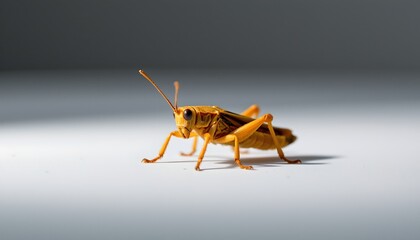A single yellow cricket standing on a light colored surface.