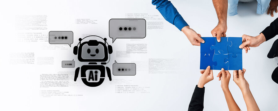 A diverse group of hands working together to solve a puzzle while interacting with an AI graphic. This image captures innovation, teamwork, and modern technology in action. Trope