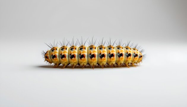 A six legged mechanical caterpillar, featuring yellow and black segments. It's designed to resemble the appearance of a real caterpillar but is composed of metal components with visible joints