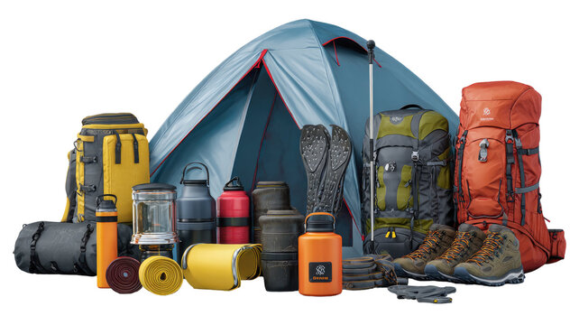 Large collection of camping equipment including tent backpacks boots water bottles lanterns mats and outdoor gear arranged together isolated on white background
