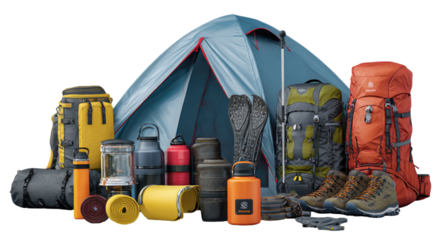 Large collection of camping equipment including tent backpacks boots water bottles lanterns mats and outdoor gear arranged together isolated on white background