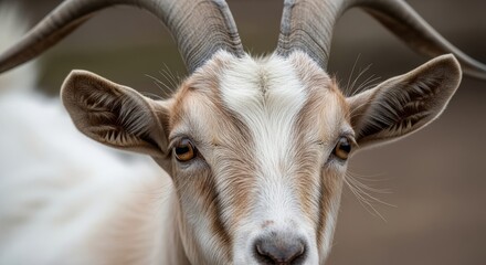 Goat standing on field or rocky terrain with horns, beard, and natural fur texture under daylight.