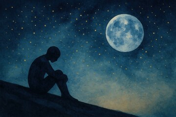Contemplative silhouette of a figure gazing at the moon amidst a starry night evoking feelings of introspection and wonder in a serene cosmic landscape