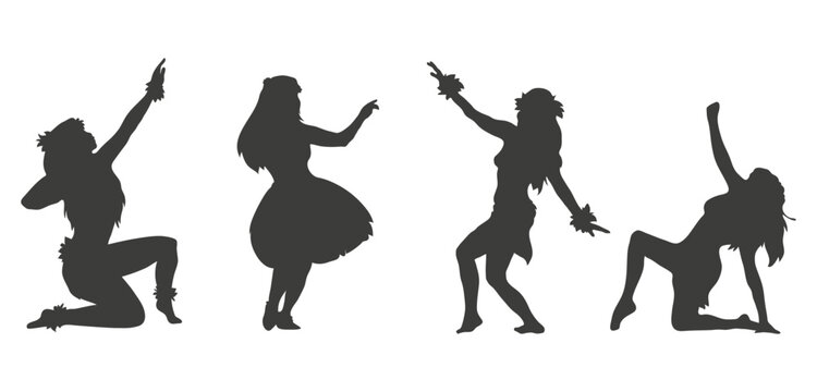 Flat design hawaiian girl silhouette. Hawaiian hula girl dancer action silhouette