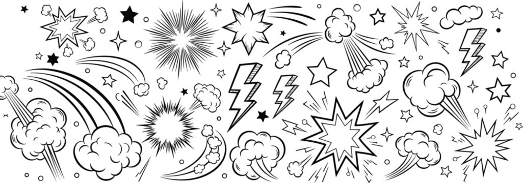 Comic explosion elements, dynamic impact effects, starburst and lightning icons, smoke clouds, motion lines, bold outline, flat vector illustration