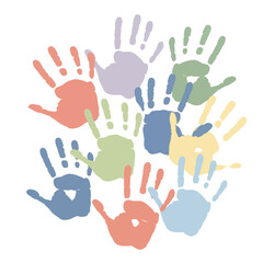 Obraz premium Colorful handprints arranged in a circle, symbolizing unity, diversity, and cooperation.