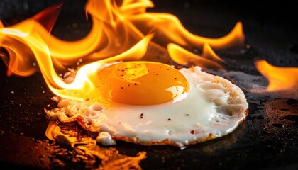 Frying Egg on Pan with Visible Flames and Smoke for Culinary and Cooking Themes