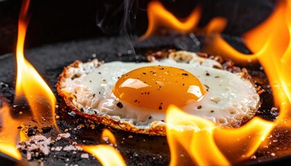 Frying Egg in a Pan Surrounded by Flames with Smoky Effects and Crispy Edges on a Dark Background
