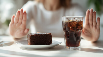 Woman rejecting dessert and soda by pushing hands away, concept of healthy lifestyle, diet choice, self control, sugar free habits, weight loss and wellness decision.