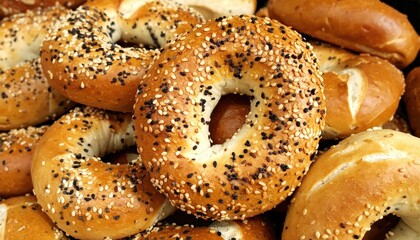 Freshly Baked Bagels with Sesame and Poppy Seeds Displayed in a Pile on a Dark Background