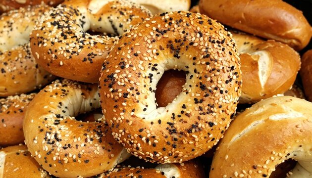 Freshly Baked Bagels with Sesame and Poppy Seeds Displayed in a Pile on a Dark Background
