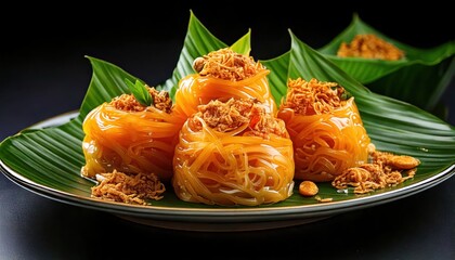 Colorful Thai Dessert Dish Served on Elegant Plate with Garnish on Banana Leaves