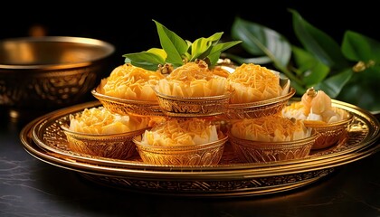 Exquisite Golden Thai Desserts on Ornate Plate Surrounded by Green Leaves and Soft Lighting