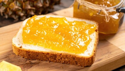Freshly Toasted Bread with Bright Pineapple Jam on Wooden Cutting Board