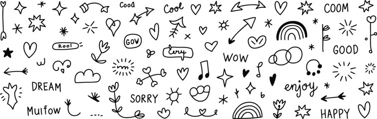 Hand-drawn doodles, expressive icons, playful sketches, decorative symbols, cheerful words, abstract shapes, creative visuals, flat vector illustration