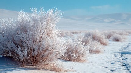 Delicate frost-covered shrubs stand in sharp relief against the soft-focus backdrop of snow-dusted dunes and a pale blue sky in this tranquil desert winter scene