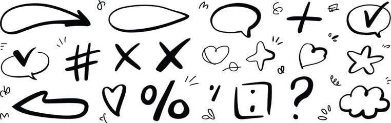 Hand-drawn doodles, expressive icons, sketch symbols, playful elements, communication signs, abstract shapes, creative visuals, flat vector illustration