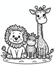 Obraz premium Cute cartoon lion, zebra, and giraffe friends in black and white