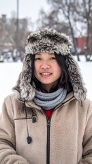 Young woman in winter outerwear with furry hat and scarf smiling in snowy landscape during cold weather