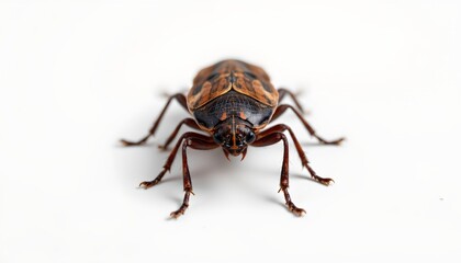 Naklejka premium A large beetle with a patterned exoskeleton in shades of brown and black. It has elongated antennae and long legs that are visible beneath its body