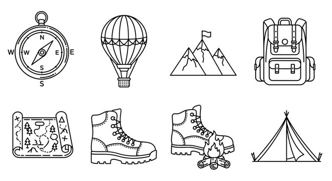 Vector icon set for outdoor adventure, camping, and hiking themes featuring a backpack, map, and mountains illustration