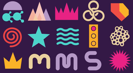 Diverse set of creative flat graphic elements featuring minimalist icons, abstract shapes, and bold symbols