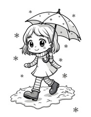 Cute girl walking in the snow with an umbrella, winter illustration