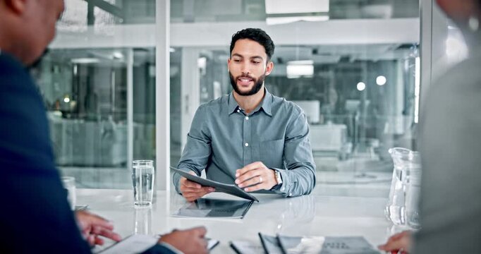 Business people, handshake or talk in office with document, b2b negotiation meeting or finance proposal. Shaking hands, employees and discussion with paperwork, financial investment or collaboration.