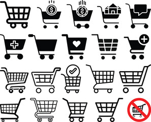 Shopping cart icon set. Shopping trolley in outline. Web cart in line. Shop symbol in black. Trolley icon. Stock vector illustration.A simple line art illustration of a shopping cart. 