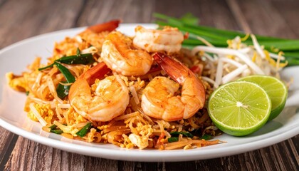 Delicious plate of shrimp pad thai with fresh lime and bean sprouts on wooden table background