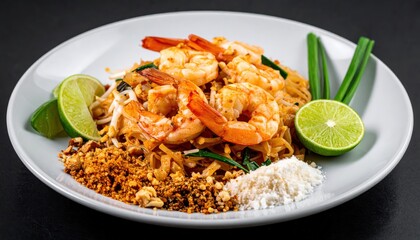 Delicious Shrimp Pad Thai with Fresh Herbs, Lime Wedges, and Condiments on a White Plate