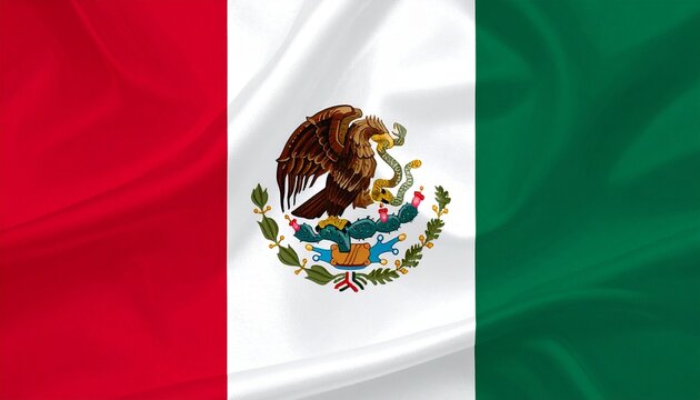 Mexican flag with green, white, and red vertical stripes and eagle emblem in center.