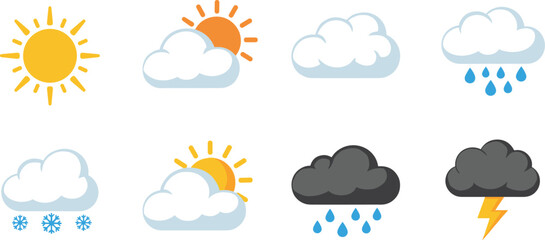Weather icons set, sunny, cloudy, rainy, snowy, thunderstorm, flat design, forecast symbols, climate graphics, vector illustration, minimal style, modern look,  flat vector illustration