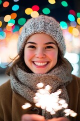 A cheerful young woman wearing a cozy hat and scarf, smiles brightly while holding a sparkling light amidst colorful bokeh lights. Perfect for winter moods.
