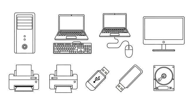 A comprehensive set of computer hardware and office equipment icons, featuring laptops, printers, and storage devices in a clean line art style