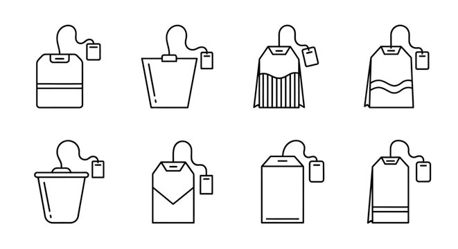 A versatile collection of tea bag outline icons. A minimalist linear graphic set with various shapes for beverage and drink concepts