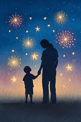 A heartwarming silhouette of a parent and child holding hands under a sky filled with stars, symbolizing love, connection, and dreams.
