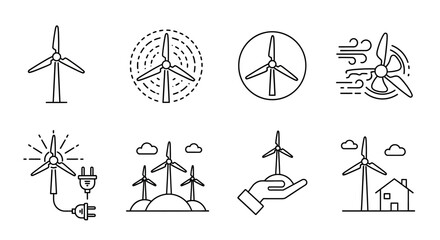 A collection of outline wind turbine icons representing renewable energy sources and sustainable power generation technology