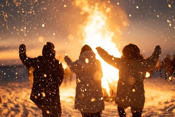 A joyful gathering of friends around a bonfire, dancing and enjoying the warmth amidst falling snow. A perfect winter evening full of laughter and light.