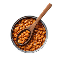 Canned Beans Delight: A top-down view of a can filled with savory baked beans, a wooden spoon delicately poised within, showcasing a simple pleasure and wholesome nourishment.