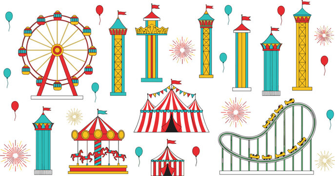 Amusement park with Ferris wheel, roller coaster, carousel, circus tents, fireworks, festive attractions, flat vector illustration