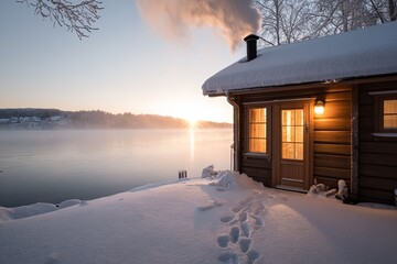 A serene winter scene featuring a cozy cabin nestled near a frozen lake at sunset. Snow blankets the ground, creating a tranquil, idyllic atmosphere.