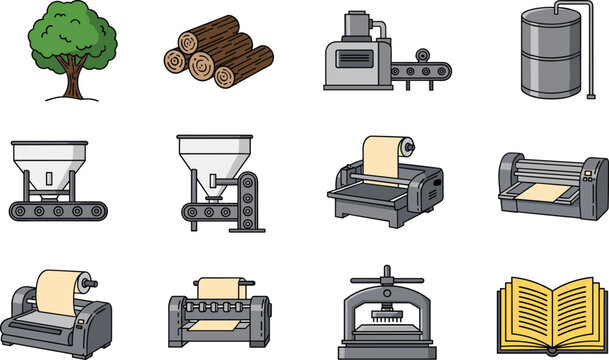 Paper manufacturing process from tree to book, industrial steps, pulp to print, educational infographic, flat vector illustration