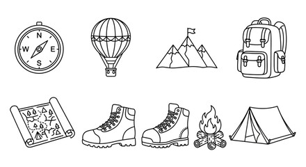 A collection of monochrome outline icons representing outdoor adventure, camping, and hiking gear for travel and exploration themes