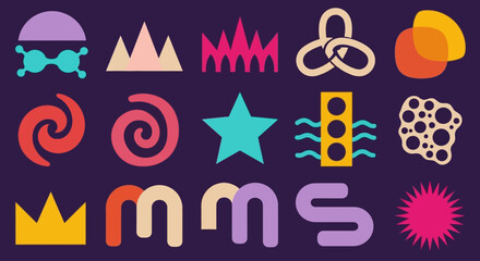 A vibrant and diverse collection of modern abstract geometric shapes, icons, and symbols for creative graphic design projects