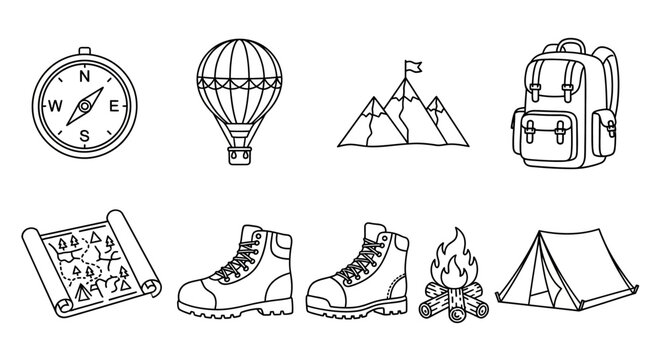 A collection of monochrome outline icons representing outdoor adventure, camping, and hiking gear for travel and exploration themes