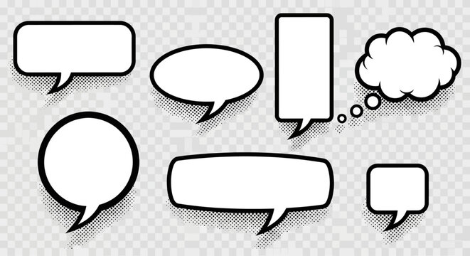 A versatile set of blank white speech bubbles and thought clouds. Vector illustration of empty comic dialogue boxes for communication