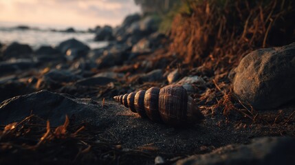 Obraz premium A close-up of a spiral seashell resting on a sandy beach at sunset.