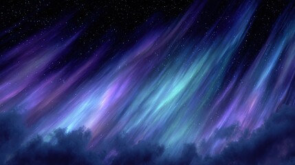 Vibrant display of auroras with swirling colors and twinkling stars above.